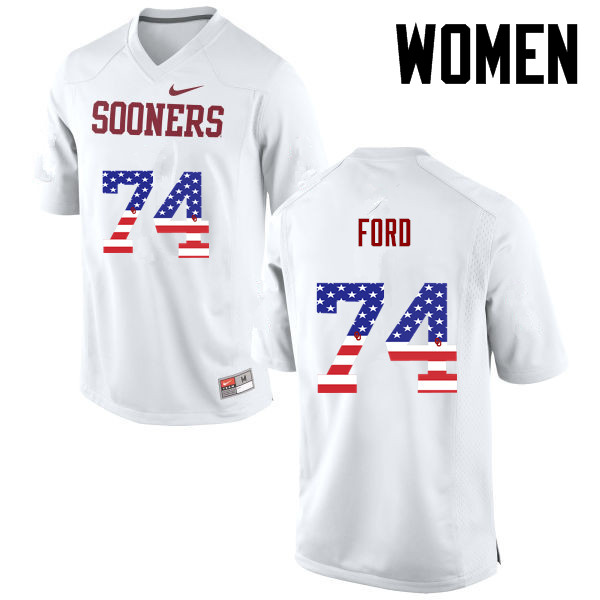Women Oklahoma Sooners #74 Cody Ford College Football USA Flag Fashion Jerseys-White